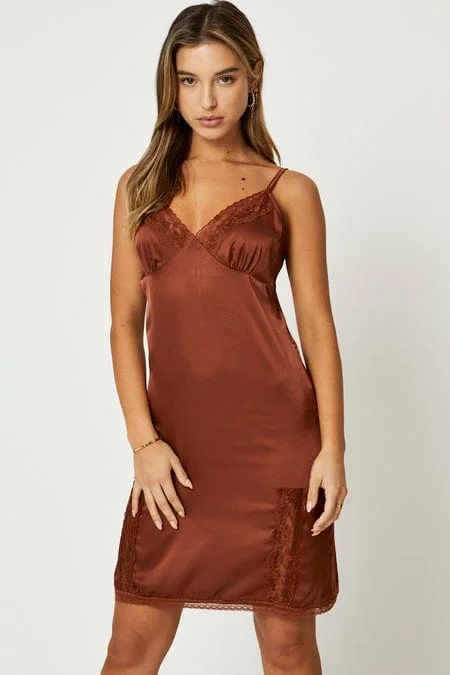 Satin Slip Dress for Summer Festivities -Women's Off-shoulder Satin Slip Dress with Ruffles -Brown Lace Trim Slip Dress