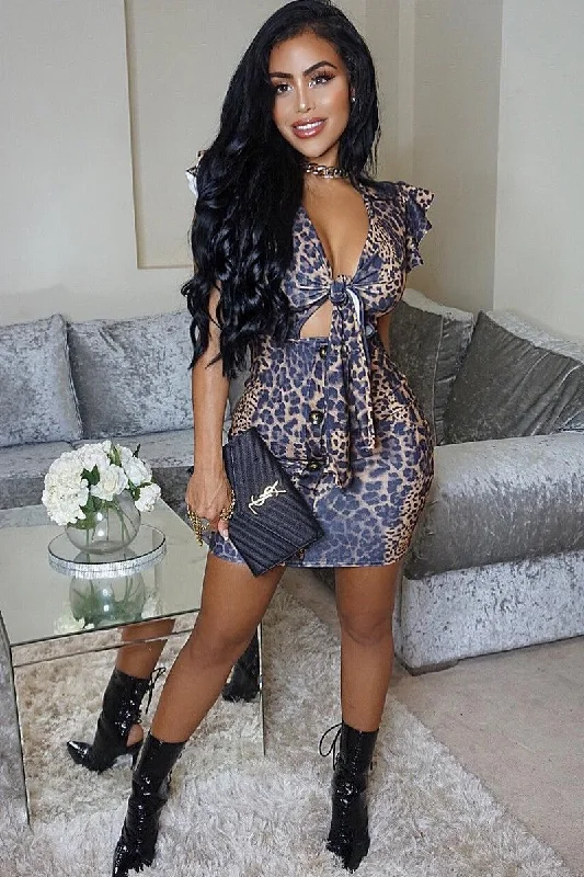 Women's Bodycon Dress with Mesh Panels -Brown Leopard Print Tie Button Front Bodycon Dress - Aaira Women's Bodycon Dress with Mesh Panels -Brown Leopard Print Tie Button Front Bodycon Dress - Aaira