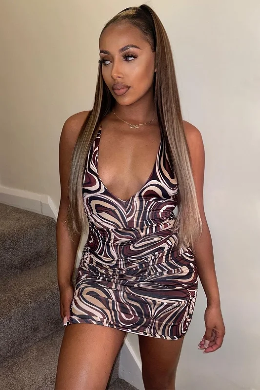 Women's Cold Shoulder Mini Dress-Brown Marble Print Ring Back Mini Dress - Shyla