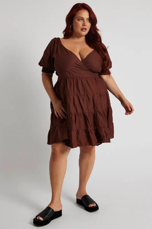 High-low Wrap Dress -Silk Wrap Dress for Cocktail Party -Brown Minidress Shirred Sleeve Wrap Linen Blend High-low Wrap Dress -Silk Wrap Dress for Cocktail Party -Brown Minidress Shirred Sleeve Wrap Linen Blend