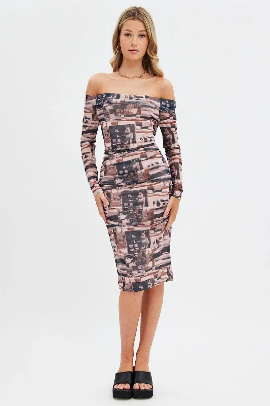 Women's Off-shoulder Bodycon Dress -Brown Print Midi Dress Bardot Off Shoulder Bodycon Ruched Women's Off-shoulder Bodycon Dress -Brown Print Midi Dress Bardot Off Shoulder Bodycon Ruched
