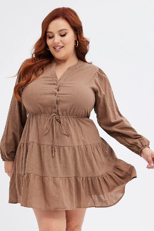 Women's Button-up Plaid Shirt Dress-Brown Shirt Dress Long Sleeve V-neck Tiered