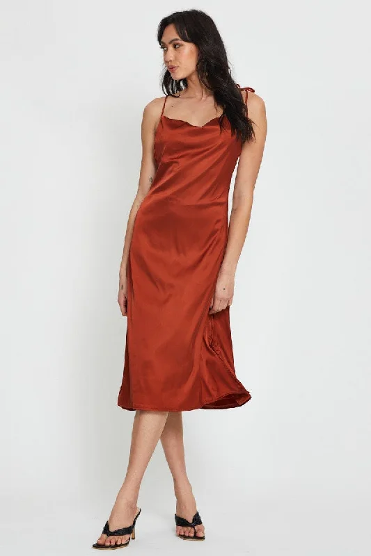 Luxe Satin Slip Dress for High-End Event -Women's Slip Dress with Satin Detail for Formal Event -Brown Slip Dress Maxi Satin