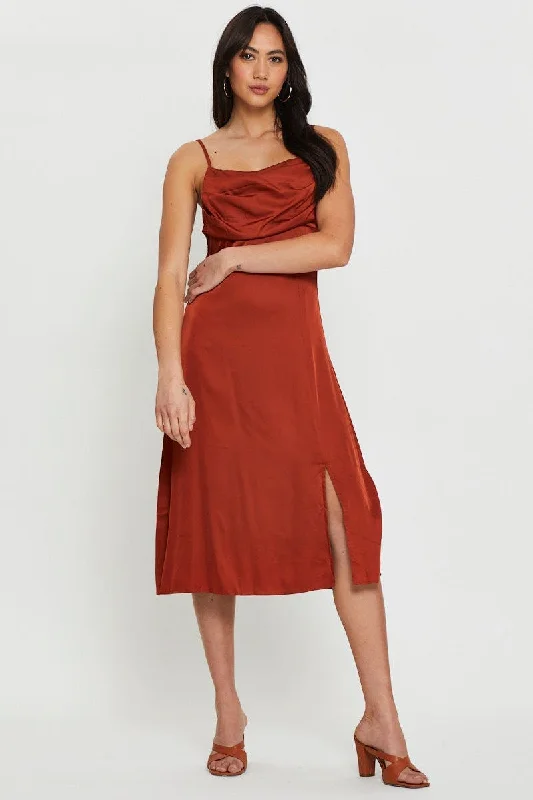 Satin Slip Dress with Square Neckline -Satin Slip Dress for Bridal Party Wear -Brown Slip Dress Midi