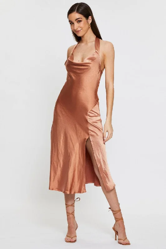 Silk Slip Dress for Day Party -Sexy Satin Black Slip Dress with Thigh Slit -Brown Slip Dress Midi Satin
