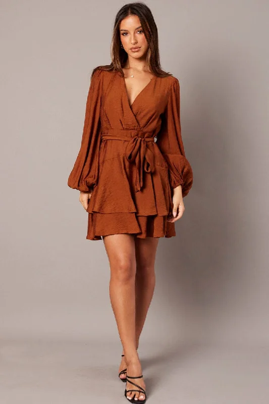 Casual Wrap Dress with Spaghetti Straps -Women's Black Wrap Dress -Brown Wrap Dress Mocha Satin Balloon Sleeve Dress Casual Wrap Dress with Spaghetti Straps -Women's Black Wrap Dress -Brown Wrap Dress Mocha Satin Balloon Sleeve Dress