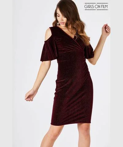 Bodycon Dress with Floral Lace -Burgundy Velvet Cold Shoulder Bodycon Dress