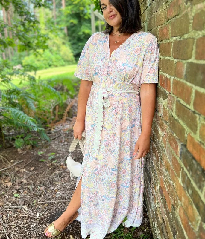 Women's Floral Skirt Maxi Dress-Button Front Angel Sleeve Maxi Dress