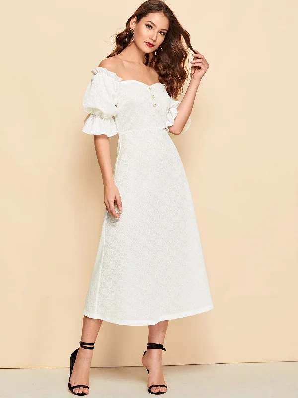 Stylish Flare Dress for Casual Wear -Button Front Ruffle Puff Sleeve Flare Bardot Dress