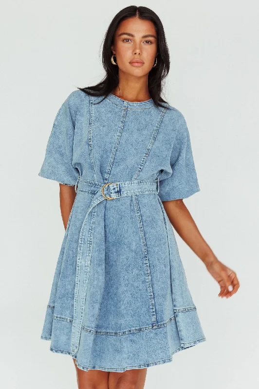 Women's High-Low Hem Mini Dress-Cadijah Puff Sleeve Belted Mini Dress Denim Blue