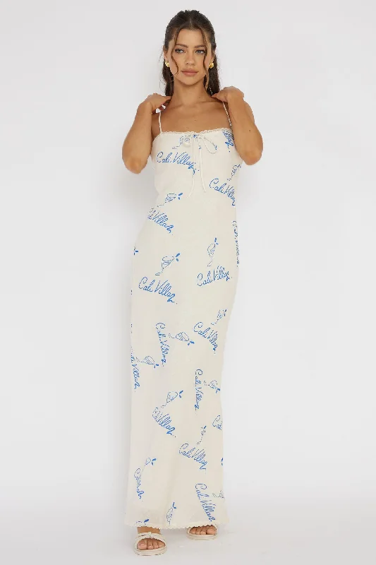 Women's Floor-length Maxi Dress-Cali Sunset Lace Trim Maxi Dress Print Blue
