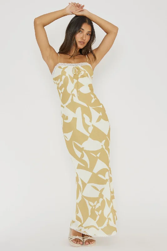 Women's Floral Lace Maxi Dress-Cali Sunset Lace Trim Maxi Dress Print Yellow