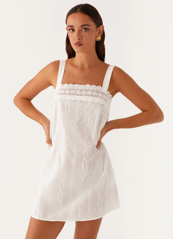 Women's Lace-up A-line Mini Dress-Calla Broderie Mini Dress - White