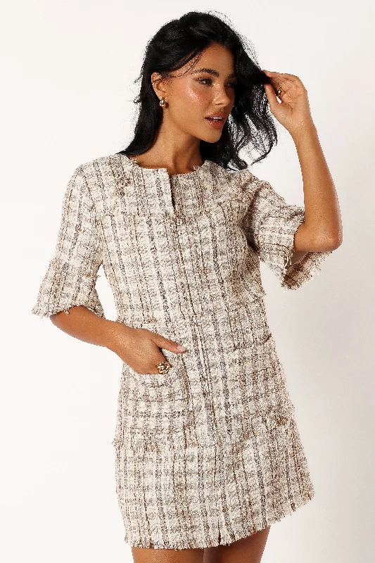 Women's Plain V-neck Mini Dress-Calloway Mini Dress - Cream Tweed