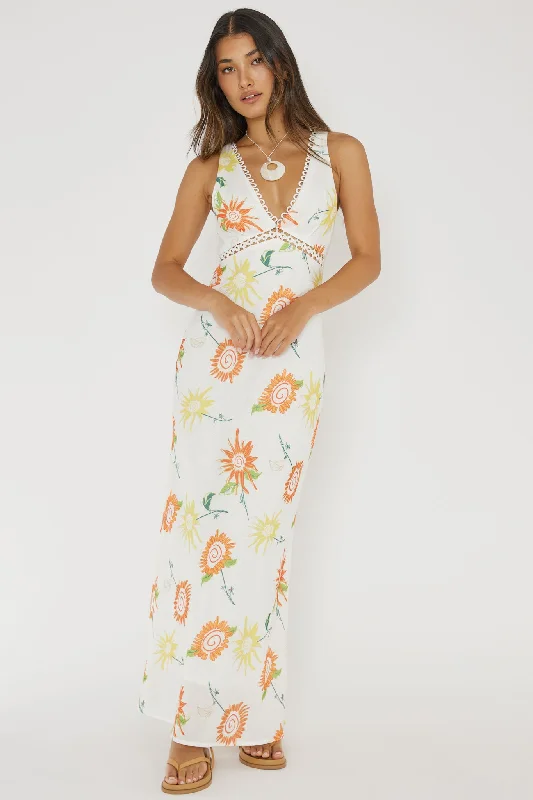 Women's A-line Pleated Sleeves Maxi Dress-Cambria Crochet Trim Maxi Dress Flower Orange