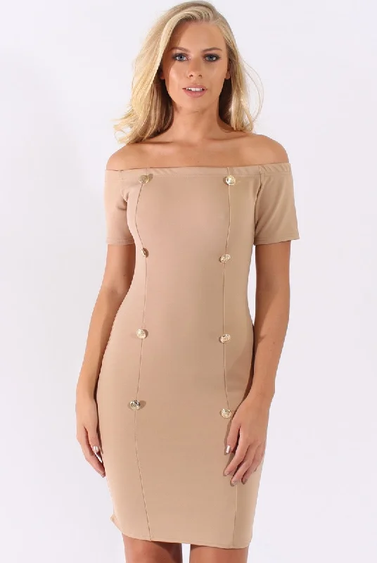 Pink Bodycon Dress for Work -Camel Bardot Bodycon Button Detail Dress - Wallis