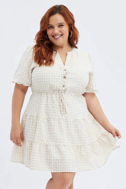 Long-sleeve Shirt Dress for Women-Camel Check Shirt Dress Short Sleeve Tiered