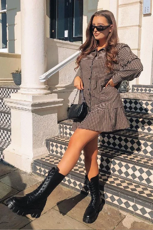 Embroidered Shirt Dress-Camel Gingham Frill Hem Mini Shirt Dress - Iyla