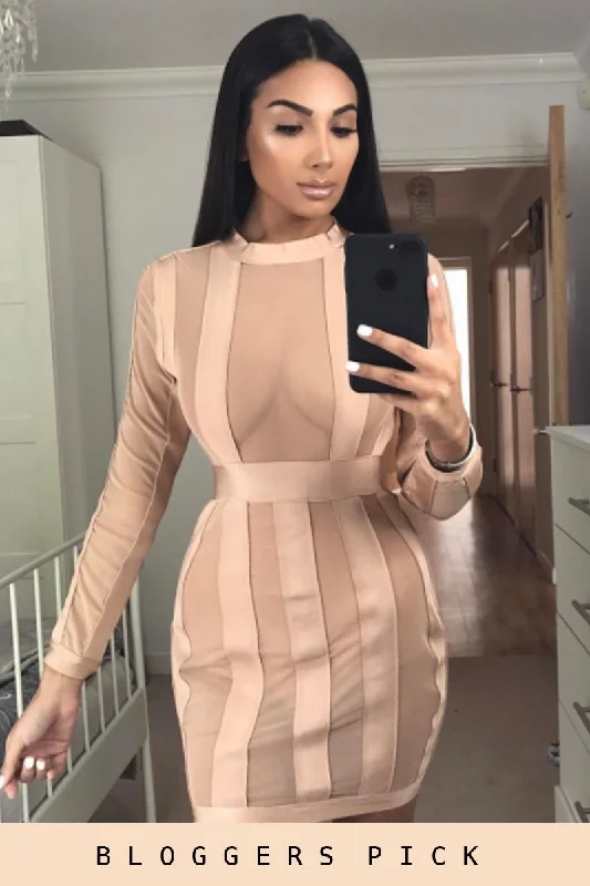 Bodycon Dress with Zipper Back -Camel Mesh Panel Striped Bandage Bodycon Dress - Clara Bodycon Dress with Zipper Back -Camel Mesh Panel Striped Bandage Bodycon Dress - Clara