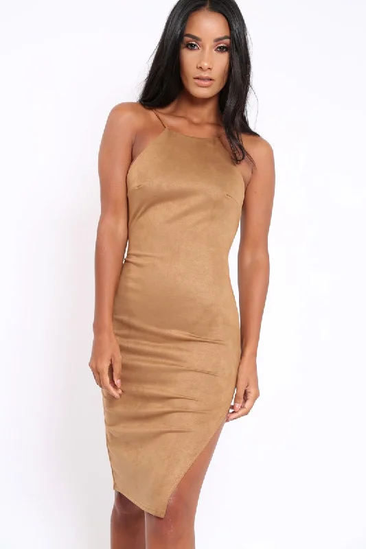 Blue Bodycon Dress with Mesh -Camel Suedette Backless Bodycon Dress - Aaliya