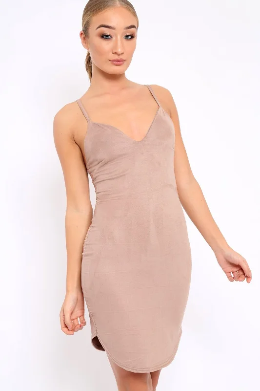 Bodycon Dress with Satin Detail -Camel Suedette Curved Hem Bodycon Dress - Henley