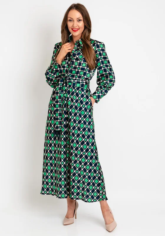 Khaki Shirt Dress-Camelot Print A-line Maxi Shirt Dress, Navy Green