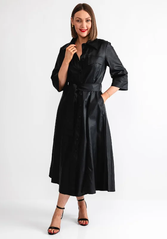 Simple Shirt Dress-Camelot Faux Leather Shirt Dress, Black