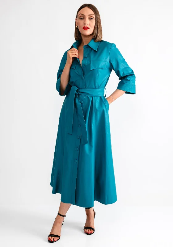 Printed Shirt Dress-Camelot Faux Leather Shirt Dress, Teal Blue