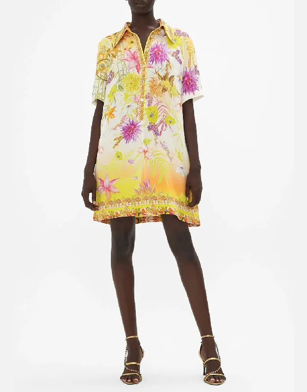 Elegant Shirt Dress-Short Sleeve Mini Shirt Dress How Does Your Garden Grow