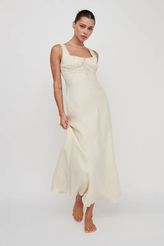 Women's Puff Sleeve Lace Maxi Dress-Carlee Gathered Bust Maxi Dress Oat