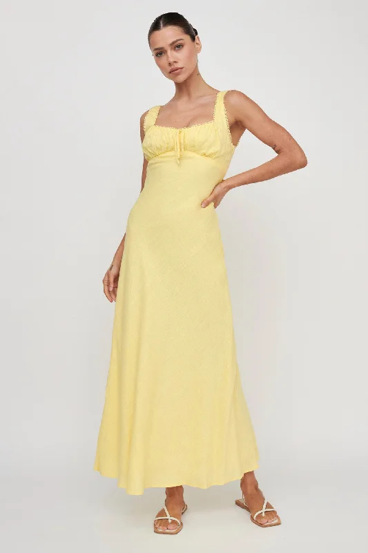 Women's Button-up Maxi Dress-Carlee Gathered Bust Maxi Dress Yellow
