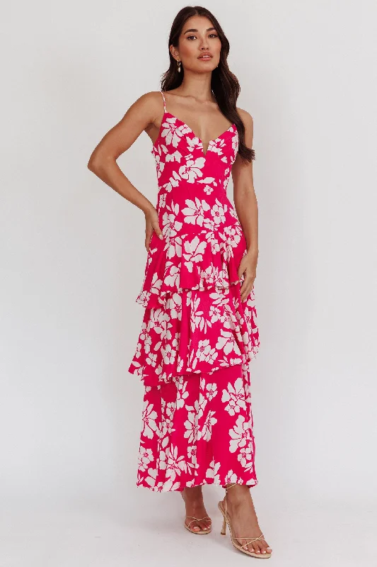 Women's Lace-up Maxi Dress-Carlo Tiered Ruffle Maxi Dress Pink