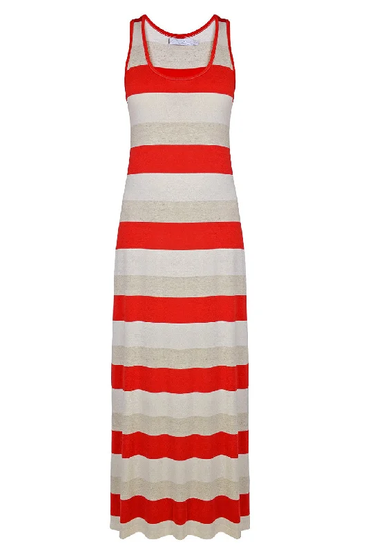 Women's Ruffle Sleeve Maxi Dress-CARLOS MIELE KARLA Red and Beige Maxi Striped Dress Women's Ruffle Sleeve Maxi Dress-CARLOS MIELE KARLA Red and Beige Maxi Striped Dress