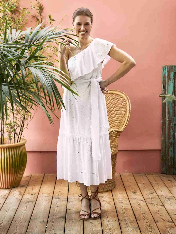 Women's Simple A-line Maxi Dress-Carmen Organic Cotton Broderie Maxi Dress - White