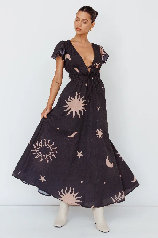 Women's Maxi Dress with Belt-Carnivale Angel Sleeve Maxi Dress Black/Beige