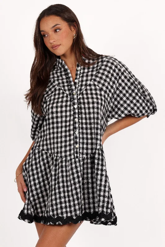 Women's Front Tie Mini Dress-Carolina Mini Dress - Black/White Gingham