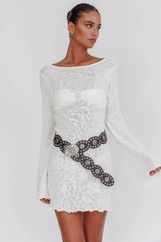 Women's Zip-up Mini Dress-Carousel Backless Knit Mini Dress White