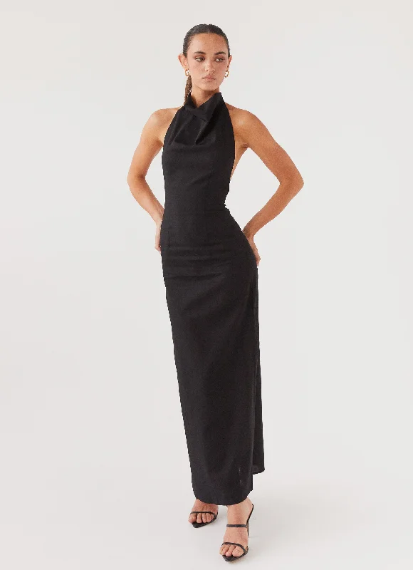 Women's Layered Ruffle Maxi Dress-Cartia Linen Maxi Dress - Black