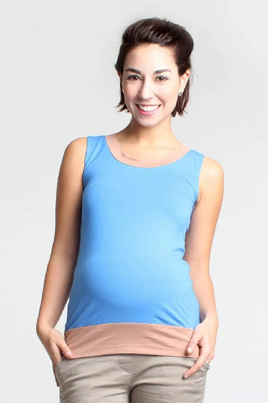 Maternity Dresses with Button-down Detail -Casey Sleeveless Contrast Bamboo Maternity Top Blue Maternity Dresses with Button-down Detail -Casey Sleeveless Contrast Bamboo Maternity Top Blue