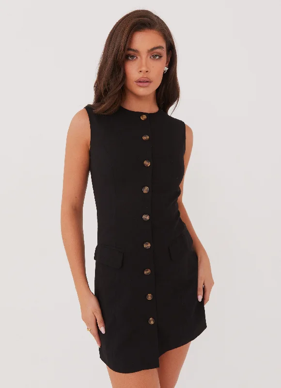 Women's Turtleneck Mini Dress-Castello Fiore Linen Mini Dress - Black