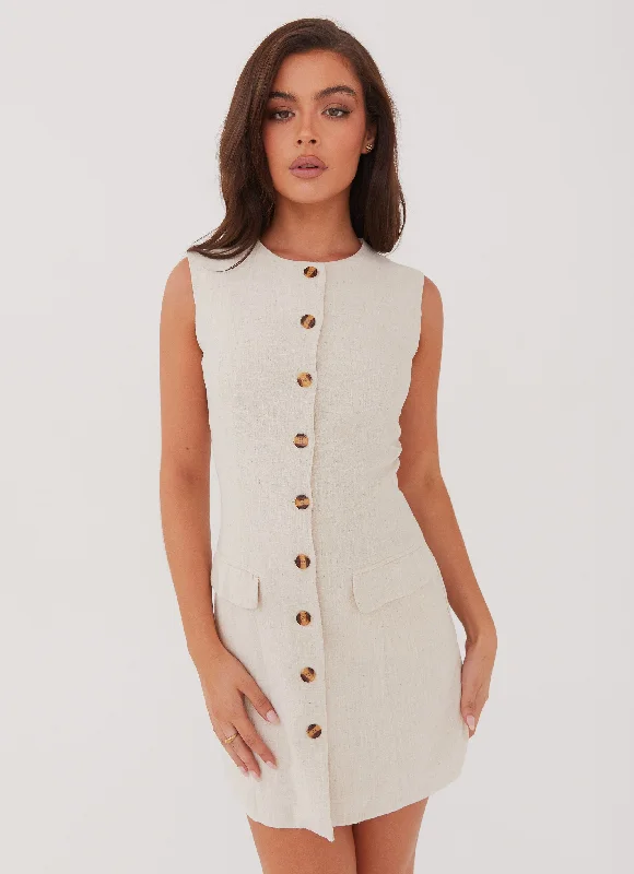 Women's Wrap Dress Mini-Castello Fiore Linen Mini Dress - Oatmeal
