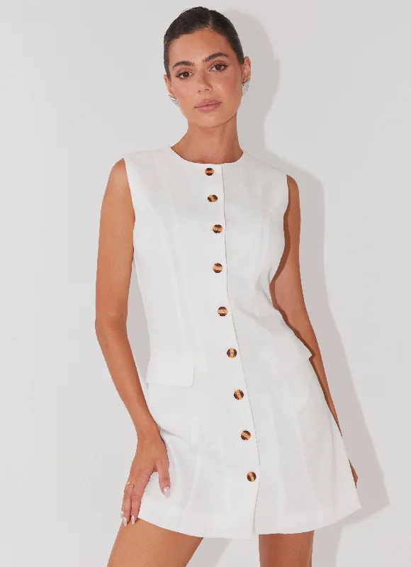 Women's Winter Mini Dress-Castello Fiore Linen Mini Dress - White