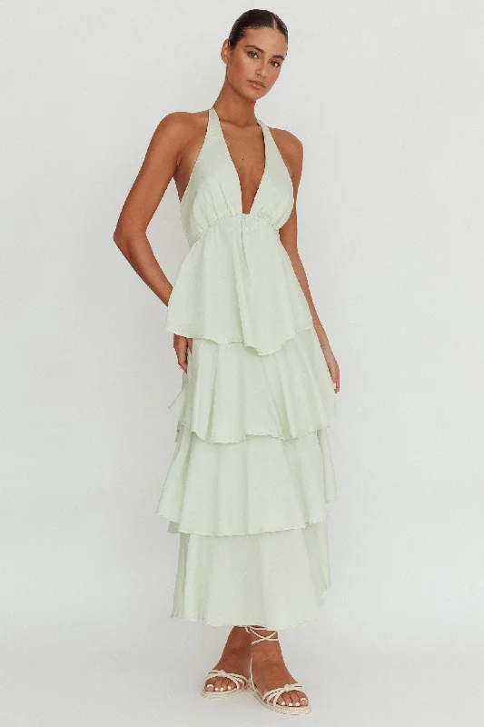 Women's One Shoulder Maxi Dress-Catalina Tiered Ruffle Maxi Dress Sage