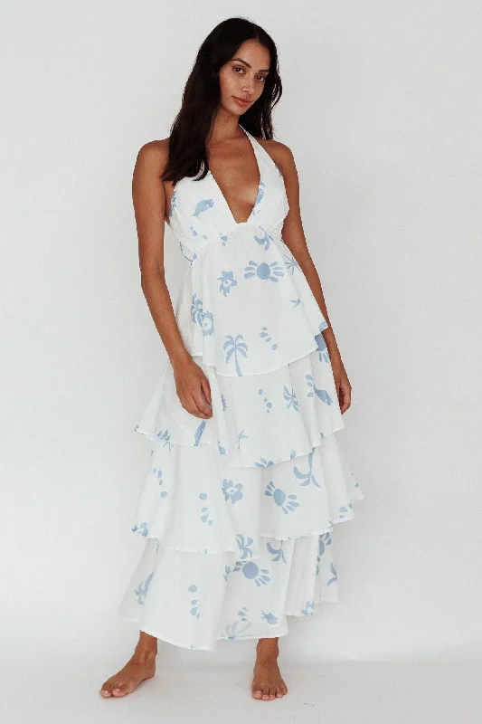 Women's Beachy Wrap Maxi Dress-Catalina Tiered Ruffle Maxi Dress White Blue