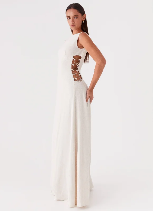 Women's Green Floral Maxi Dress-Catherine Linen Maxi Dress - Oatmeal