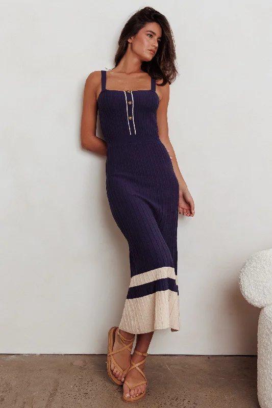Women's Embellished Sleeves Maxi Dress-Cayla Contrast Ribbed Knit Maxi Dress Navy