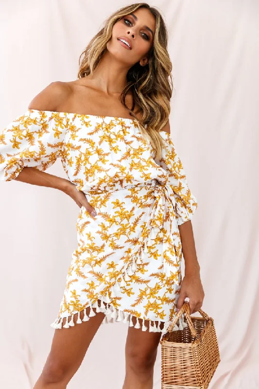 Printed Wrap Dress for Beach Vacation -Wrap Dress for Office Wear -Cayman Tassel Trim Wrap Dress White/Yellow Printed Wrap Dress for Beach Vacation -Wrap Dress for Office Wear -Cayman Tassel Trim Wrap Dress White/Yellow