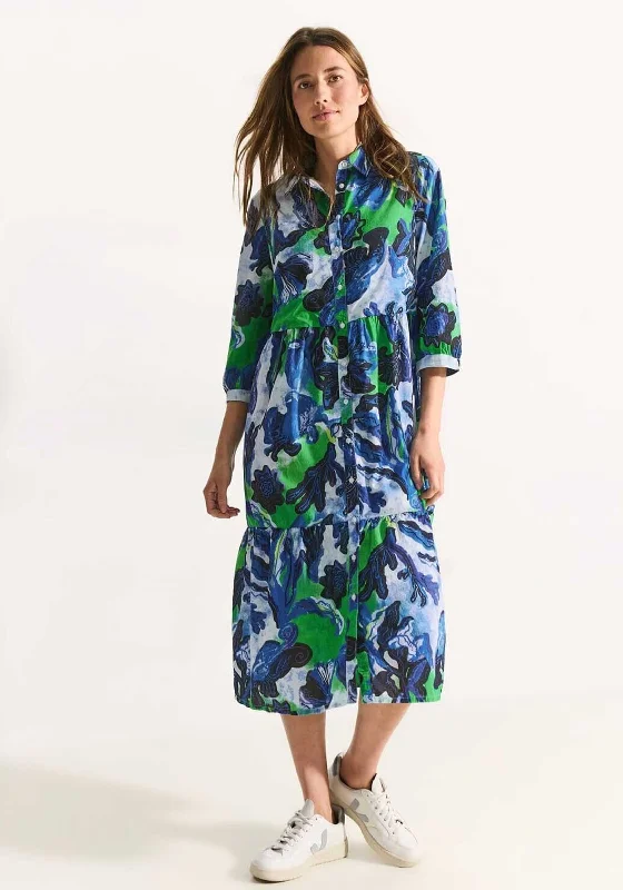 Striped Shirt Dress-Cecil Sea Print Midi Smock Shirt Dress, Blue