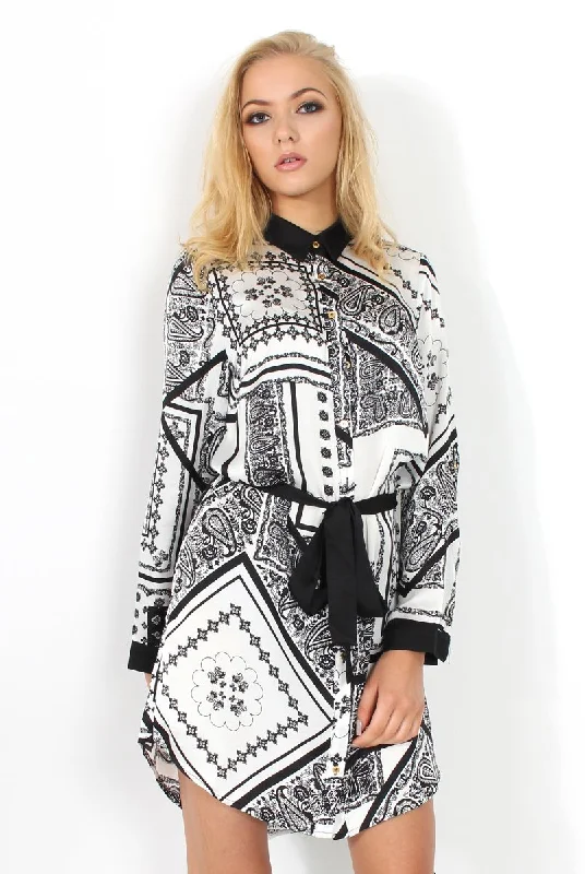 Off-shoulder Casual Shirt Dress-Celine Black Paisley Print Shirt Dress