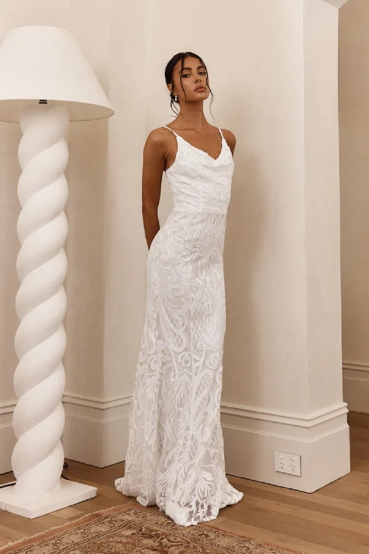 Women's Peplum Maxi Dress-Cezanne Sequin Cowl Neck Maxi Dress White